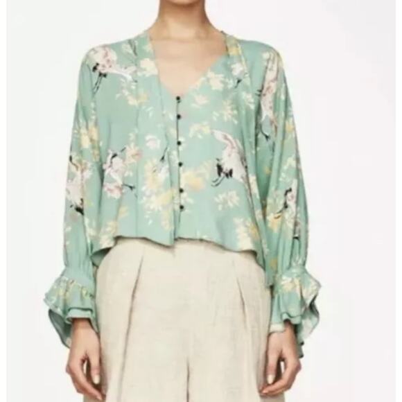 Zara Sea Green Floral Heron Print Blouse Womens Small Bell Sleeves Asian Top - Picture 1 of 10